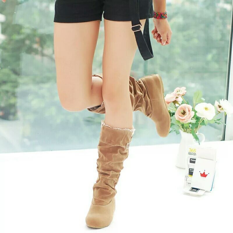 Women's Bottom Round Head Mid-calf Lace Suede Boots