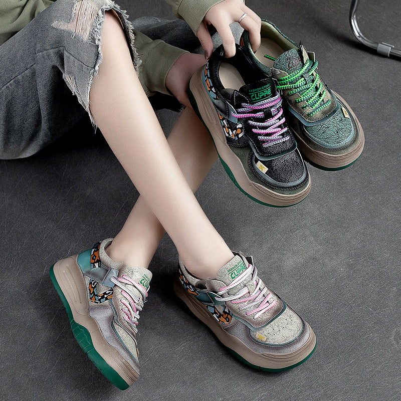 Women's Color Matching Clunky For First Layer Cowhide Sneakers