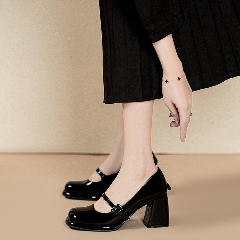 Women's Black High Lolita Platform Height Increasing Leather Shoes