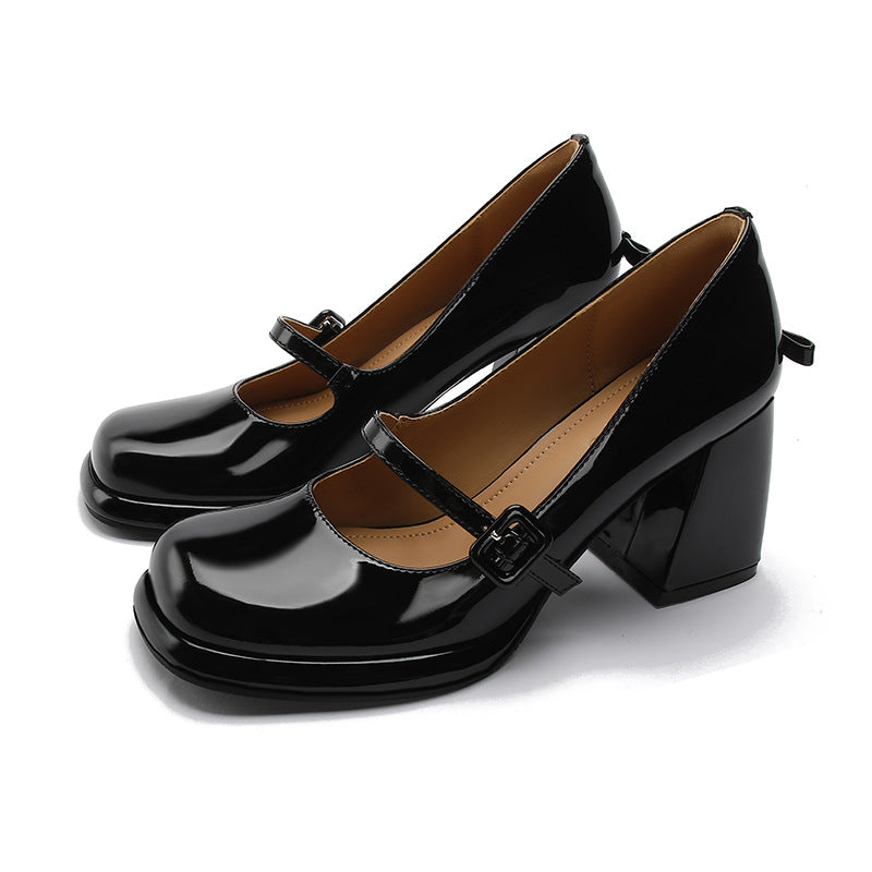 Women's Black High Lolita Platform Height Increasing Leather Shoes