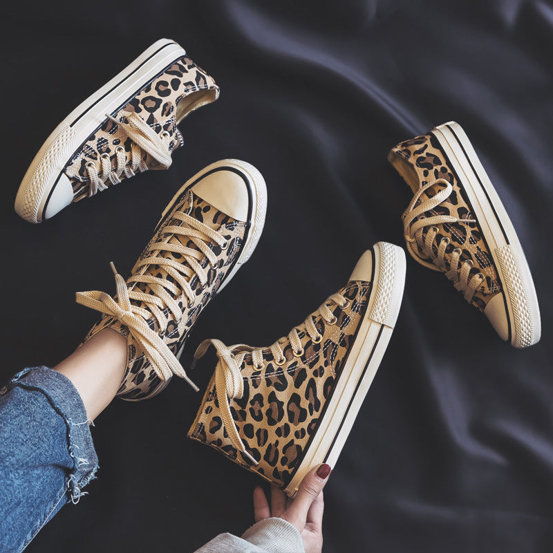 Chaussures en toile coréennes montantes à imprimé léopard pour femmes