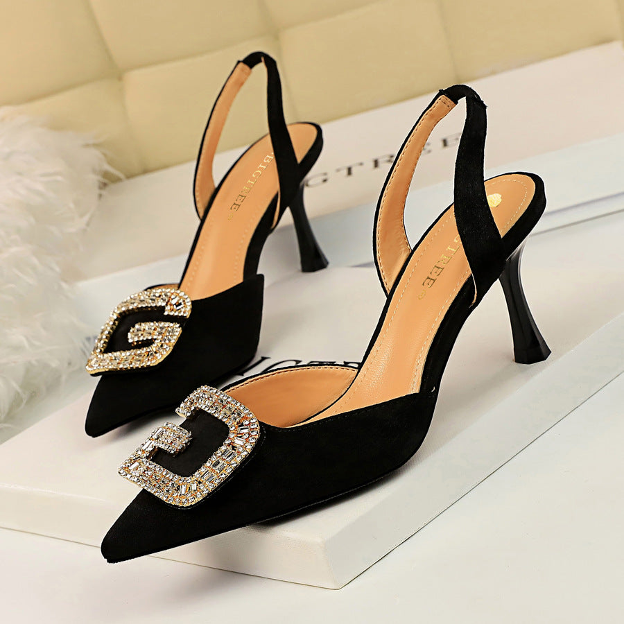 Women's Low-cut Pointed Toe Suede Hollow-out Back Strap Metal Rhinestone Heels