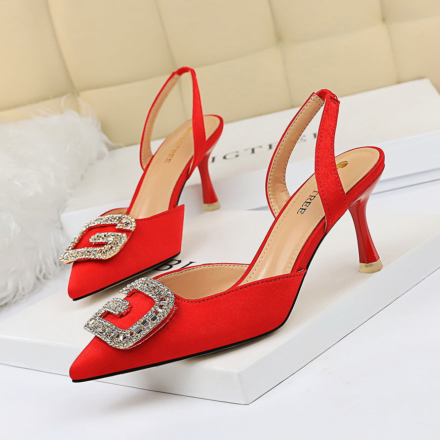 Women's Low-cut Pointed Toe Suede Hollow-out Back Strap Metal Rhinestone Heels