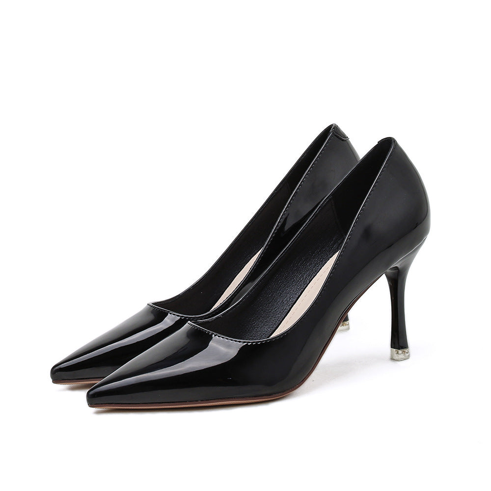 Women's Korean Style Shallow Mouth Patent Stilettos Black Heels