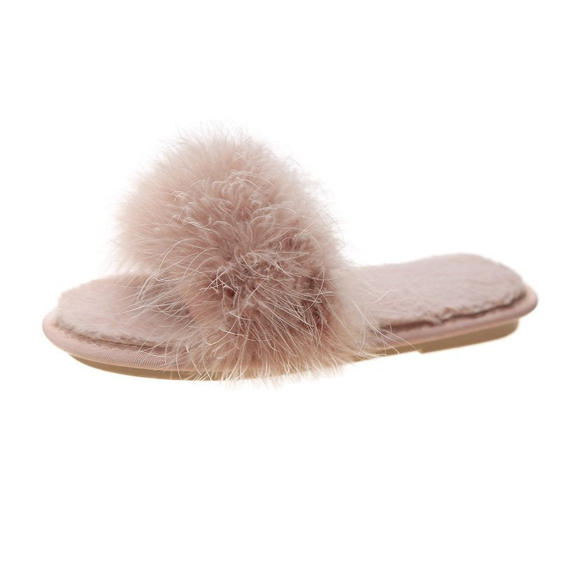 Women's Wear Fashion Trendy Ostrich Fur Flat House Slippers