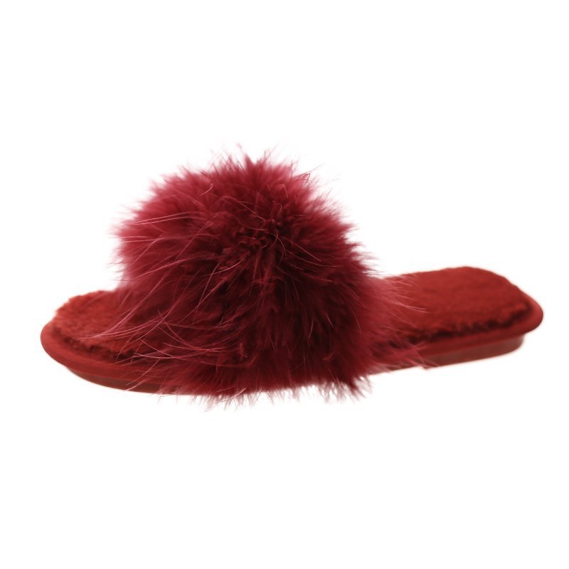 Women's Wear Fashion Trendy Ostrich Fur Flat House Slippers