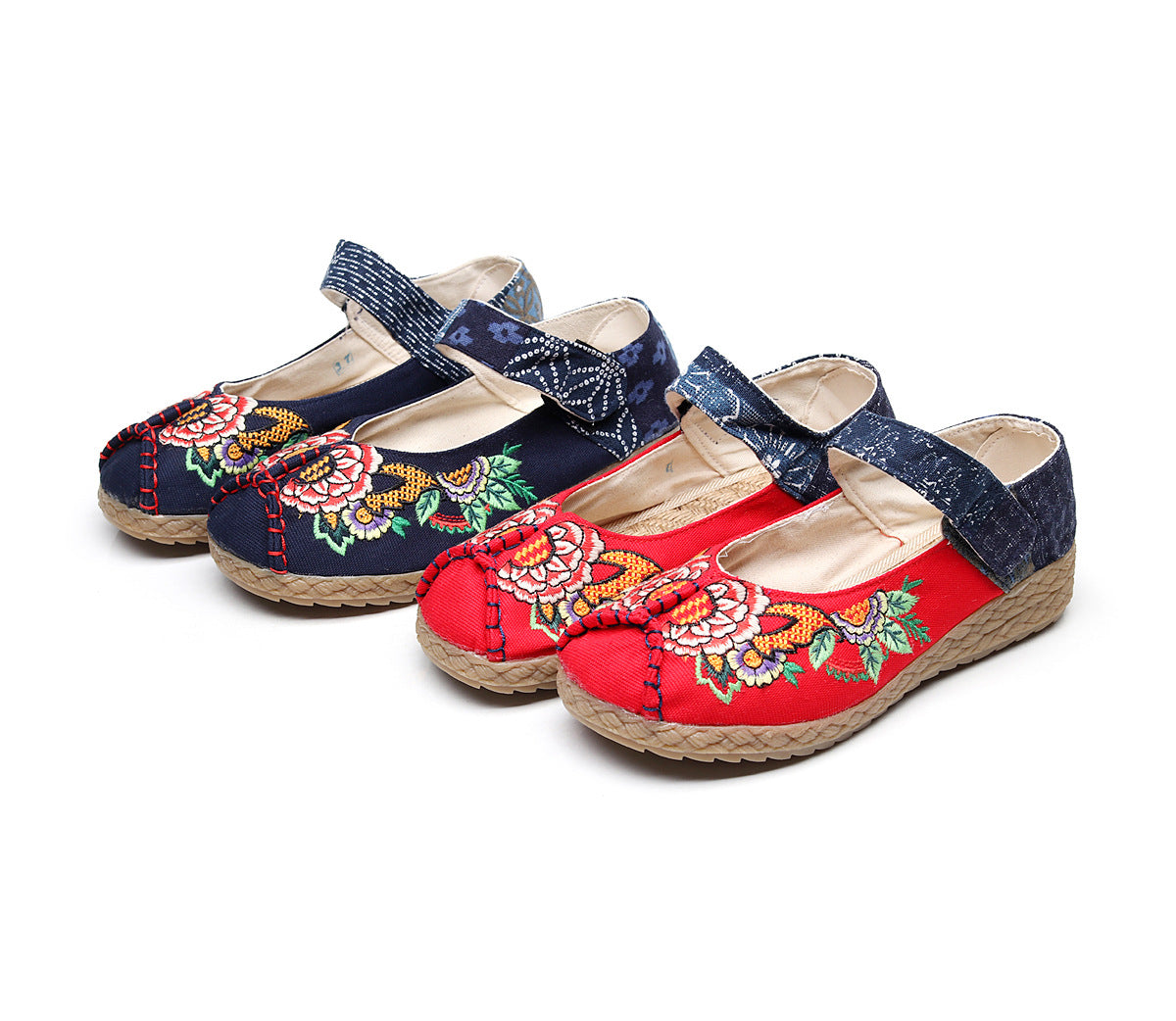 Women's Ethnic Style Peep-toe Shallow Mouth Velcro Canvas Shoes