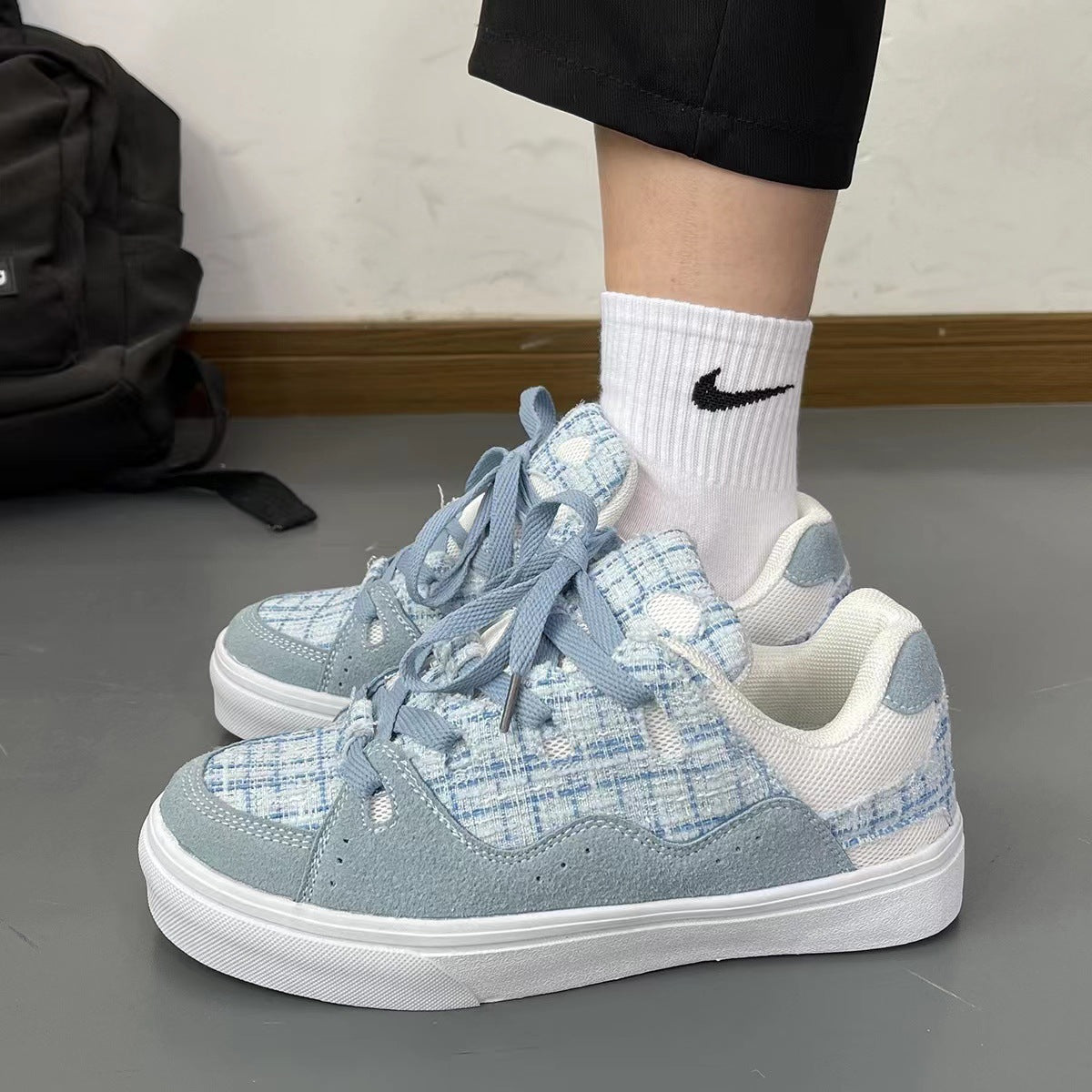 Women's & Men's Bread Board Blue Plaid Classic Style Sneakers