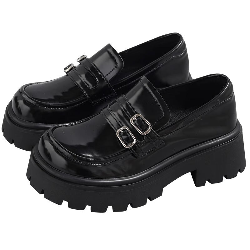 Women's Black Spring British Style Double-breasted Thick Loafers