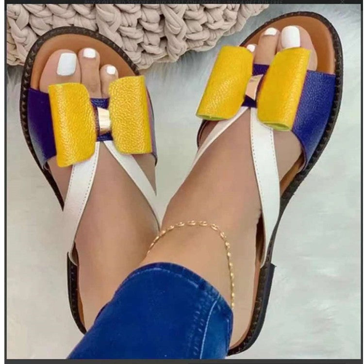 Flache Damen-Sandalen mit Schleife und Farbblockierung in großen Größen