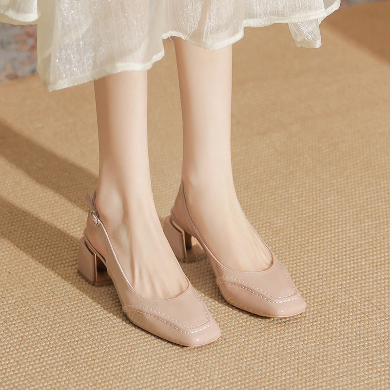 Women's Nude Patent Chunky Closed Toe Summer High Heels