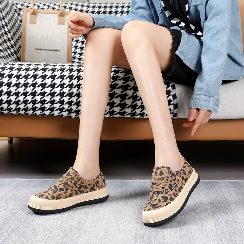 Women's Cowhide Board Korean All-match Platform Lace-up Casual Shoes