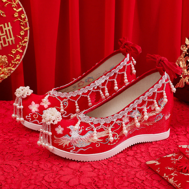 Zapatos de lona Han bordados estilo antiguo con borla de boda Xiuhe