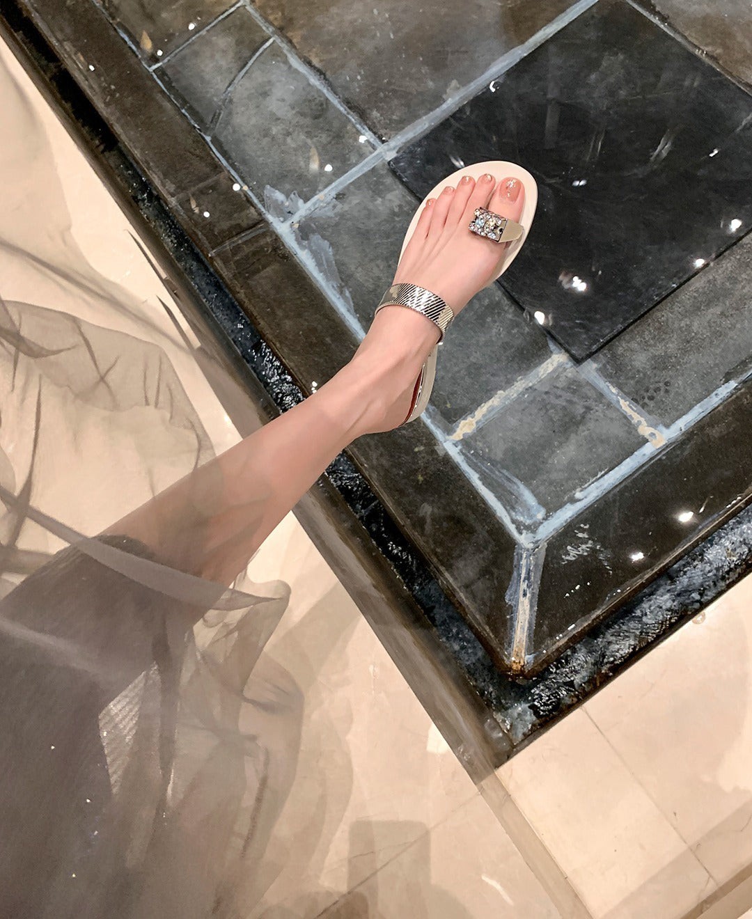 Women's Second Generation ~ Rhinestone Wedge Toe Covering Flat Slippers