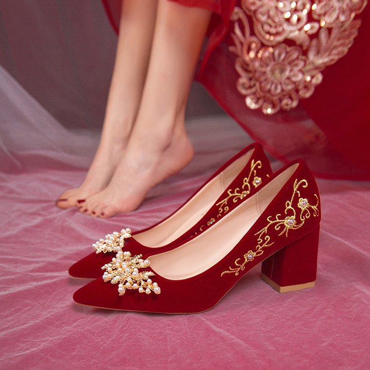 Women's Bridal Dress Two-way Chinese Red Pointed High Heels