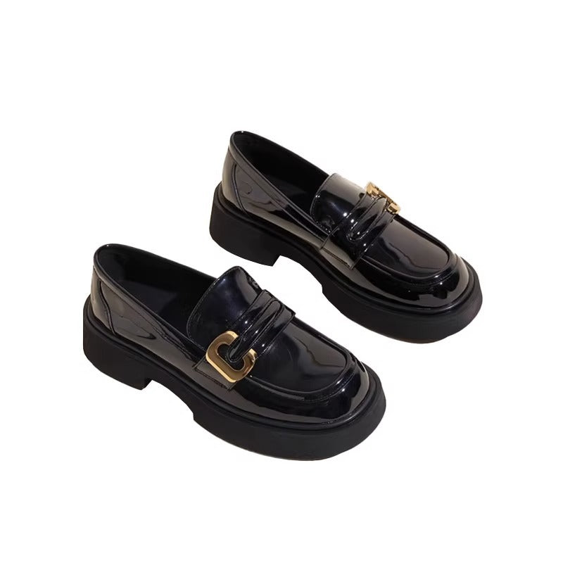 Women's Round Toe Strap Square Buckle Chunky British Loafers