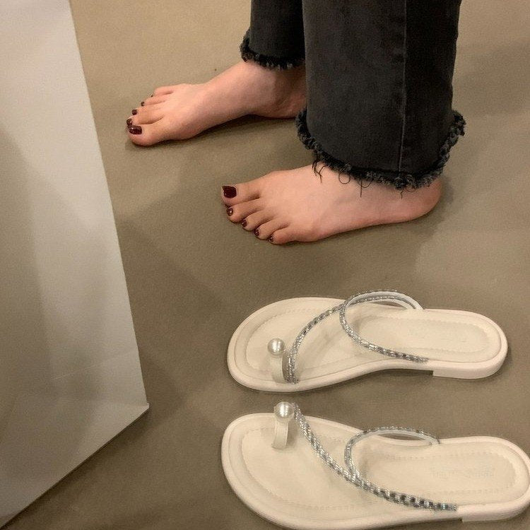 Tongs de style féerique pour femmes, sandales d'été en perles pour l'extérieur