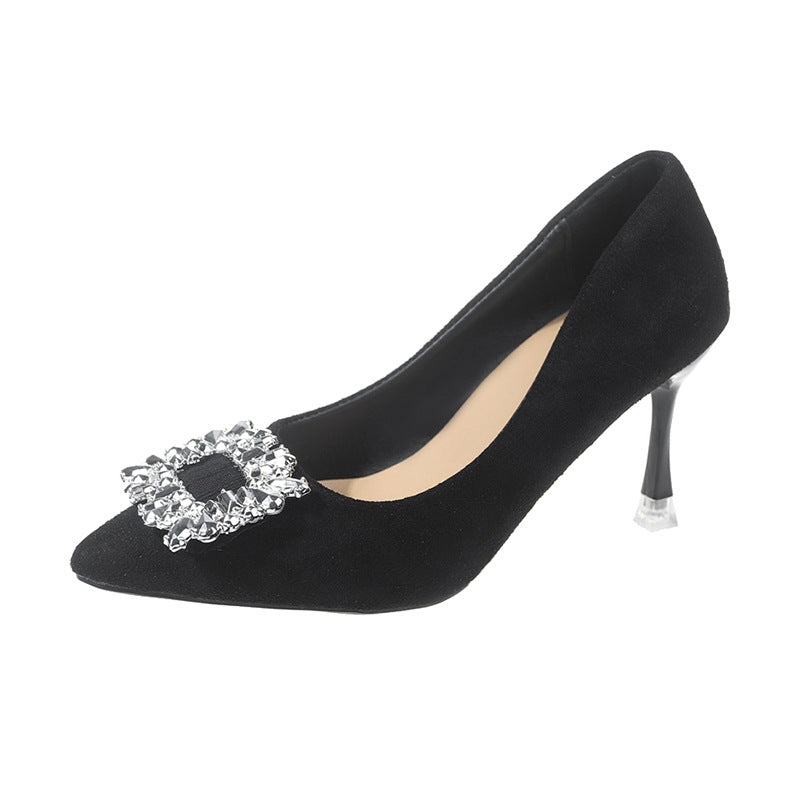 Women's High Black Low-cut Stiletto Rhinestone Not Tired Women's Shoes