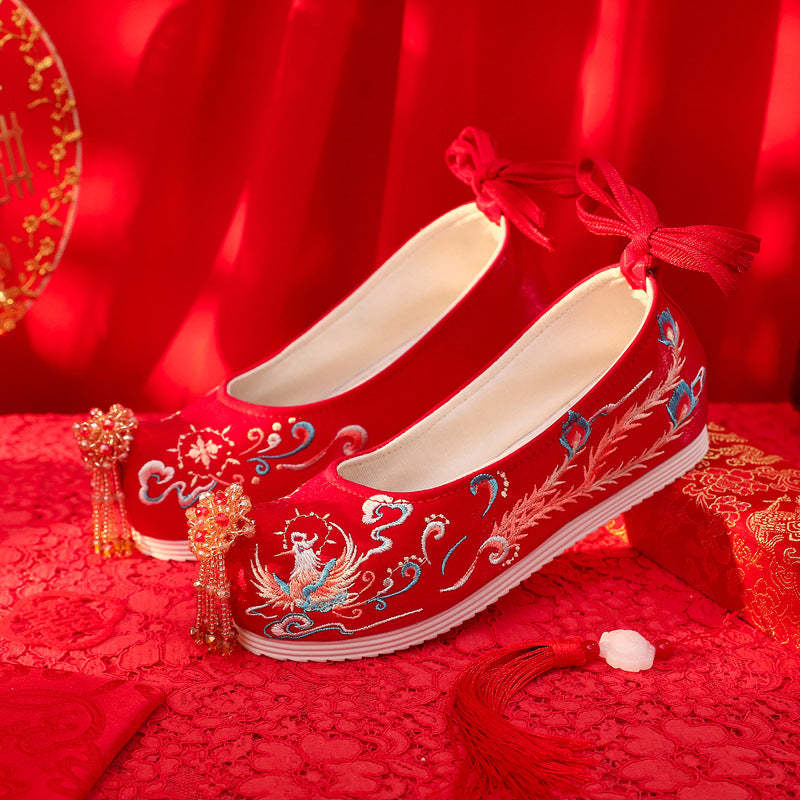 Flower Beads Decorative Red Wedding Inner Height Increase Canvas Shoes
