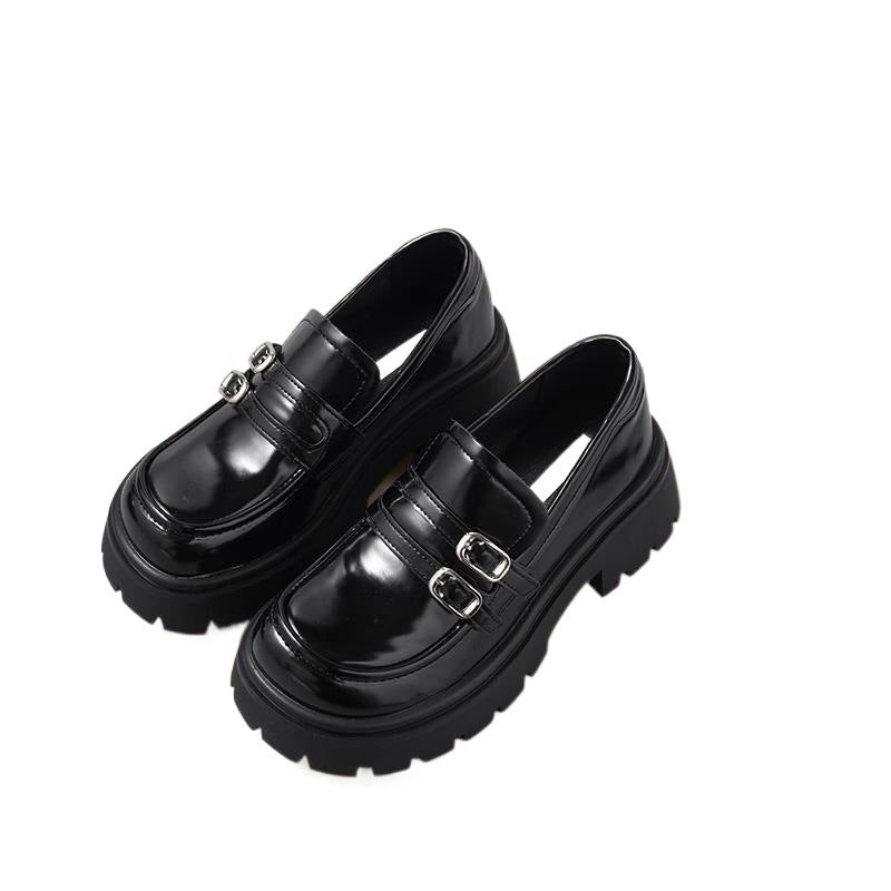 Women's Black Spring British Style Double-breasted Thick Loafers