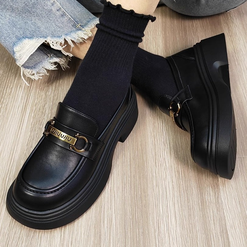 Schwarze dicke Loafer im britischen Stil für den Frühling für Damen mit rundem Kopf