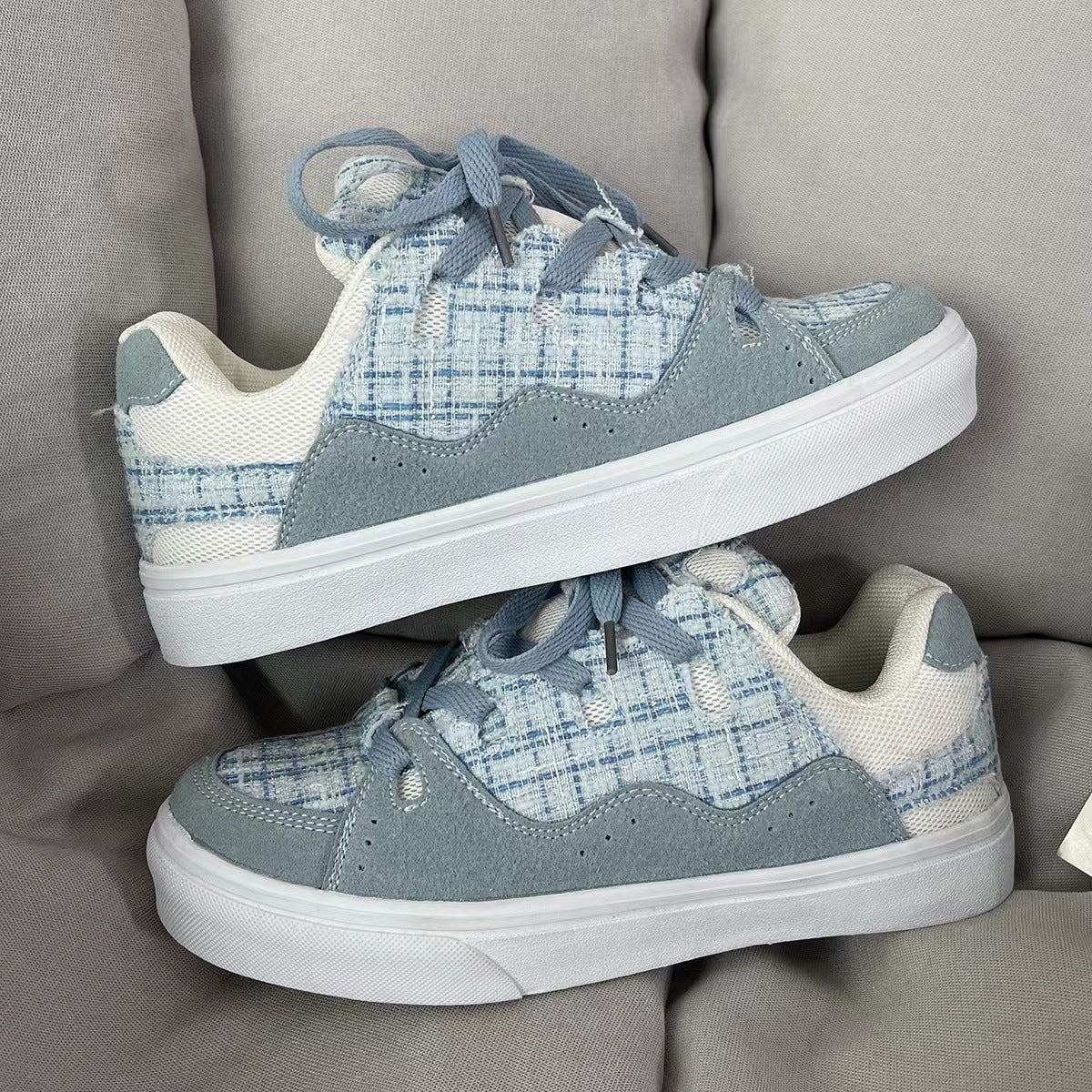 Women's & Men's Bread Board Blue Plaid Classic Style Sneakers