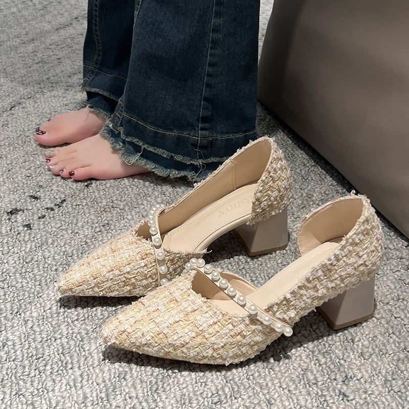 Women's Spring Pearl Fairy Pointed Toe Shallow Mouth Side Women's Shoes