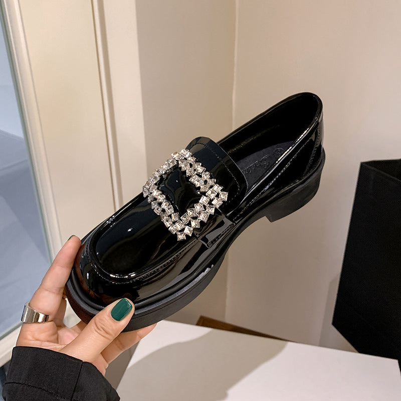 Mocassins épais britanniques doublés de polaire pour femmes avec boucle carrée en strass