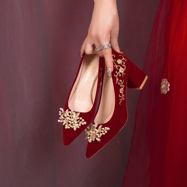 Women's Bridal Dress Two-way Chinese Red Pointed High Heels