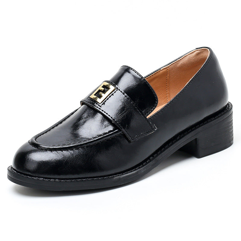 Women's Skin Round Head Chunky Genuine Retro Loafers