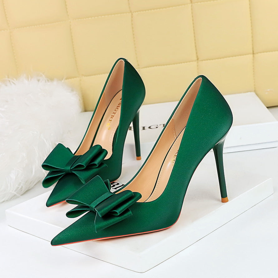 Women's Skinny High Stiletto Satin Low-cut Bowknot Women's Shoes