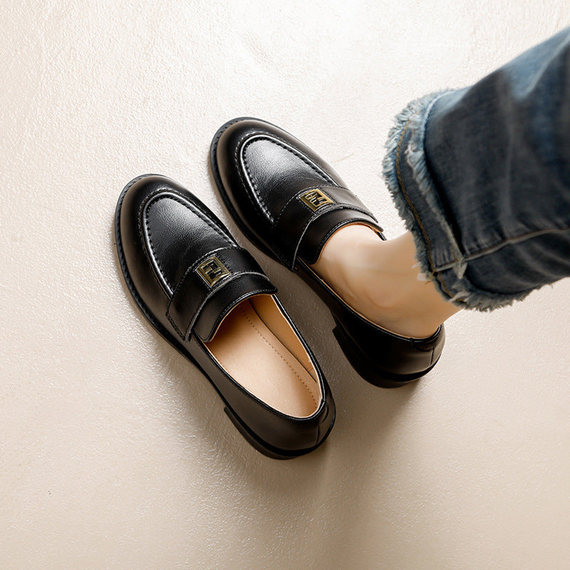 Mocassins rétro épais en cuir véritable à tête ronde pour femmes