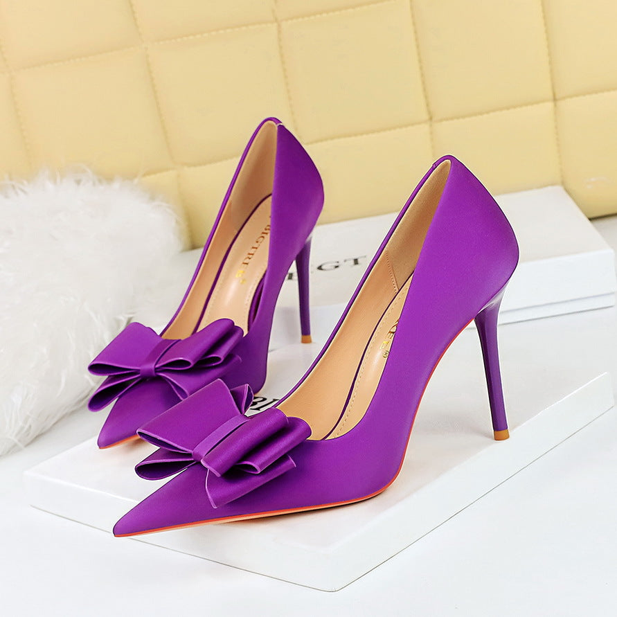 Women's Skinny High Stiletto Satin Low-cut Bowknot Women's Shoes