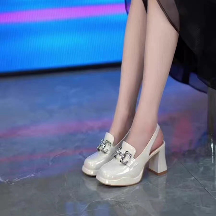 Women's Toe Chunky Rhinestone Back Strap Design Sense Heels