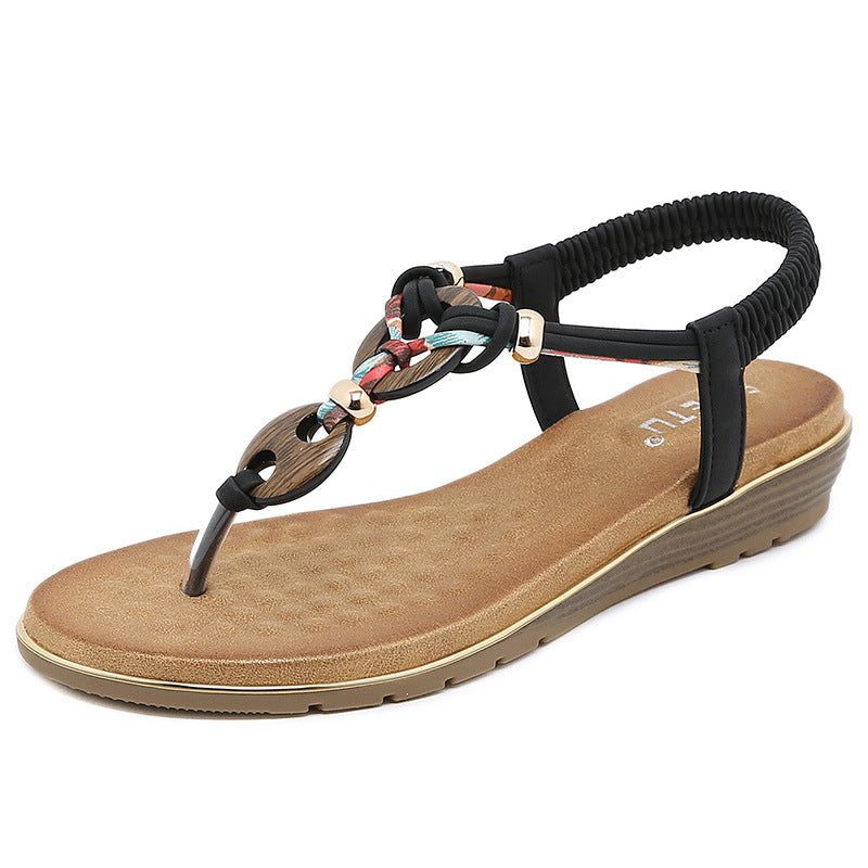 New Women's Wooden Bead Buckle Flat Sandals