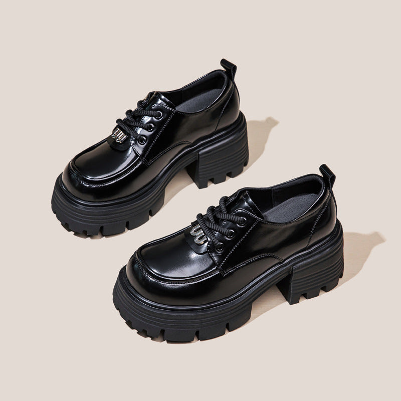 Women's British Style Spring Black Platform Genuine Loafers