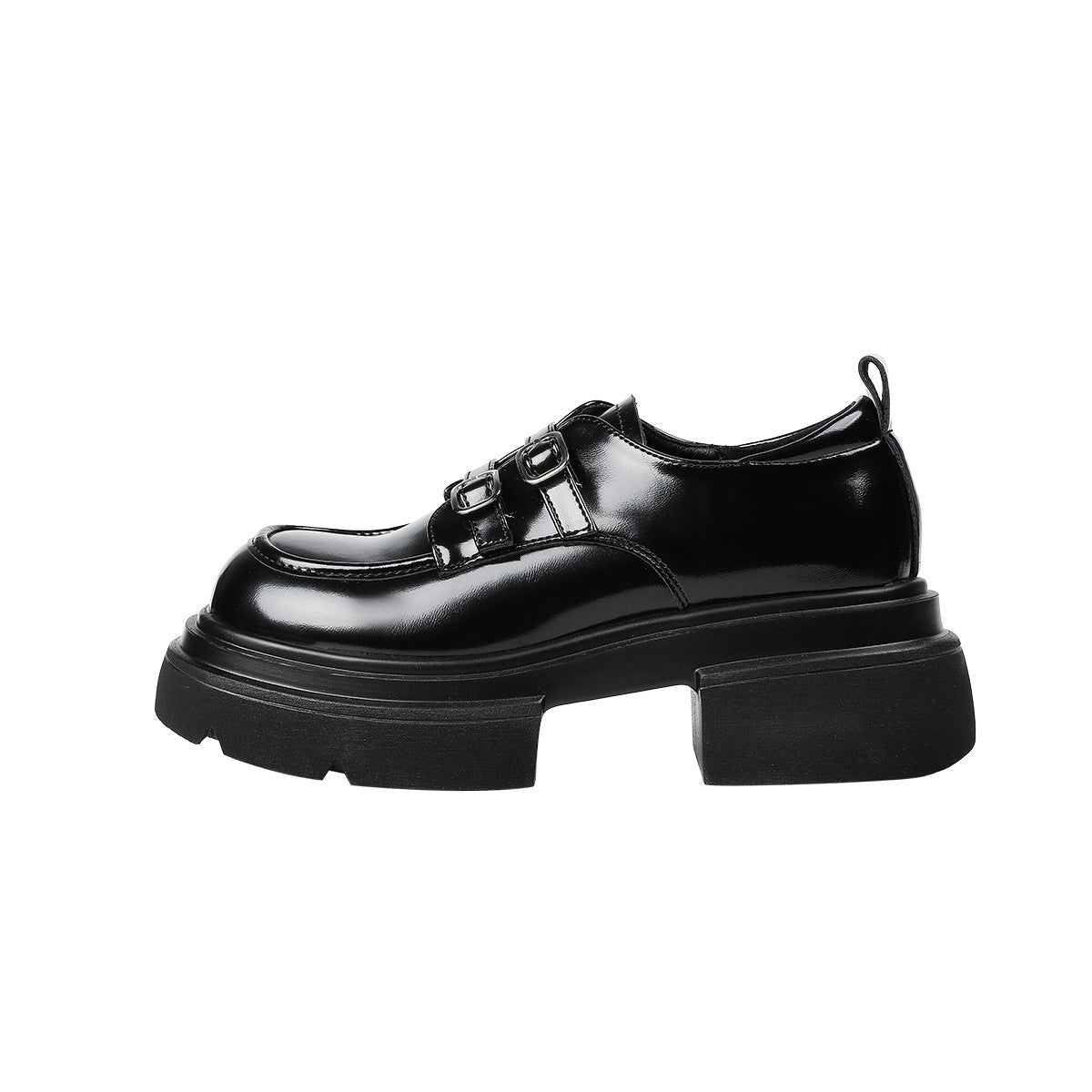 Women's Genuine Platform Spring Black Glossy Buckle Loafers