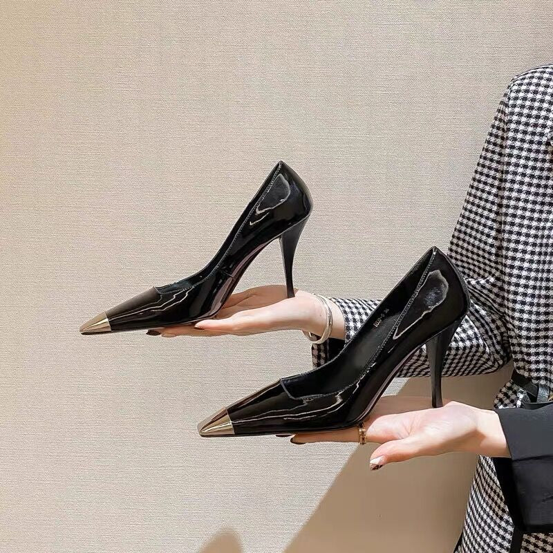 Chaussures à talons aiguilles à bout carré haut et embout métallique pour femmes