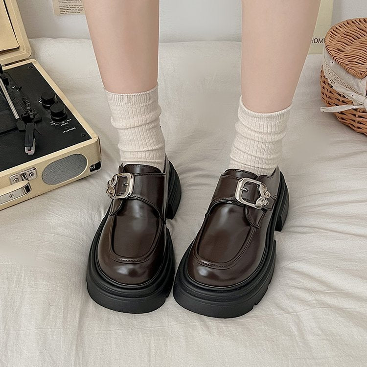 Women's Black Spring Retro British Style Chunky Loafers