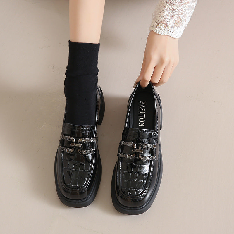 Women's Patent Round Head Chunky Retro Mid-mouth Loafers