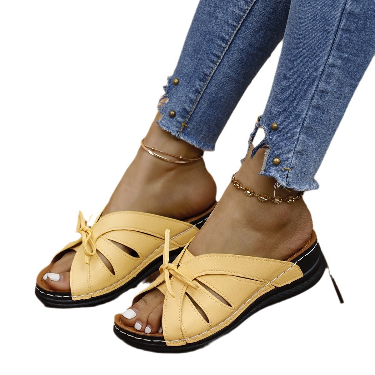 Women's Bow Wedge Solid Color Swing Line Slippers