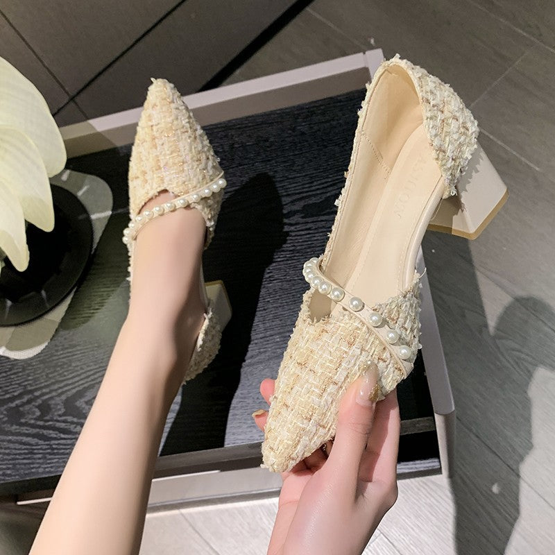 Women's Spring Pearl Fairy Pointed Toe Shallow Mouth Side Women's Shoes