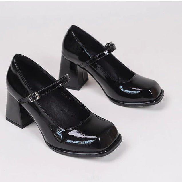 Women's Black With Buckle Square Toe Patent Women's Shoes