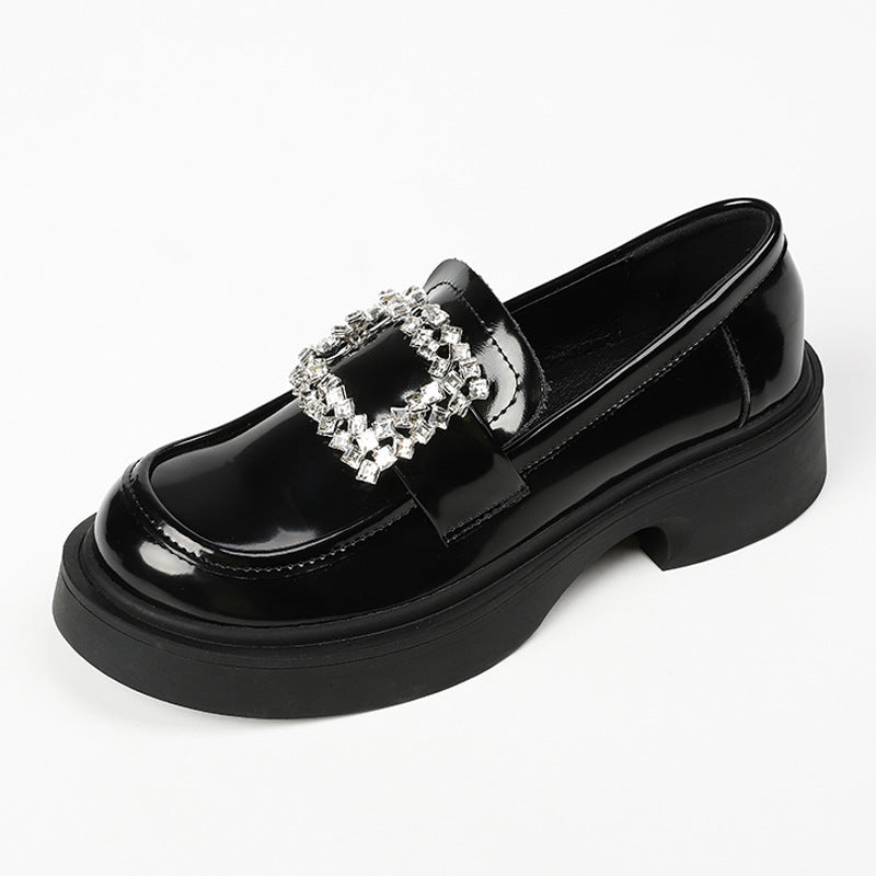 Women's Round Toe Rhinestone Square Buckle Thick Loafers