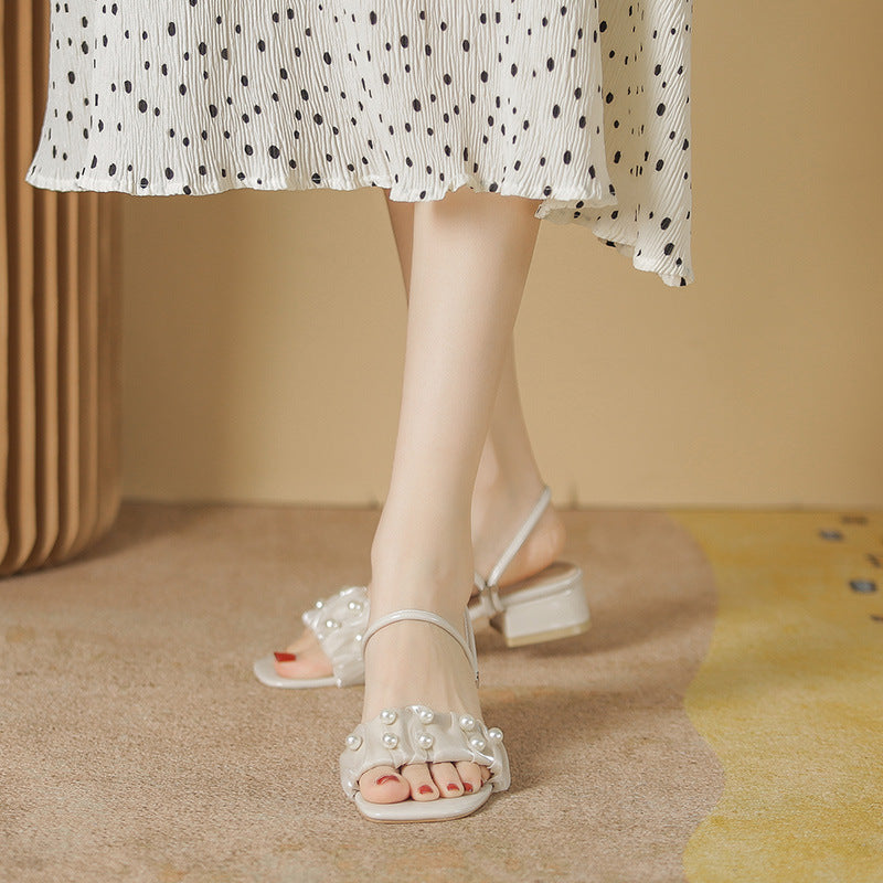Women's One Strap Fairy Style Pleated Pearl Heels