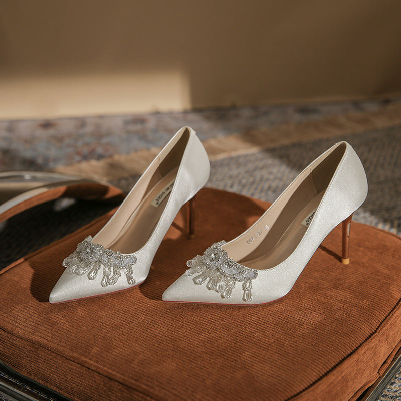 Chaussures de mariage à talons aiguilles de haute qualité pour femmes, chaussures de banquet françaises de haute qualité pour femmes