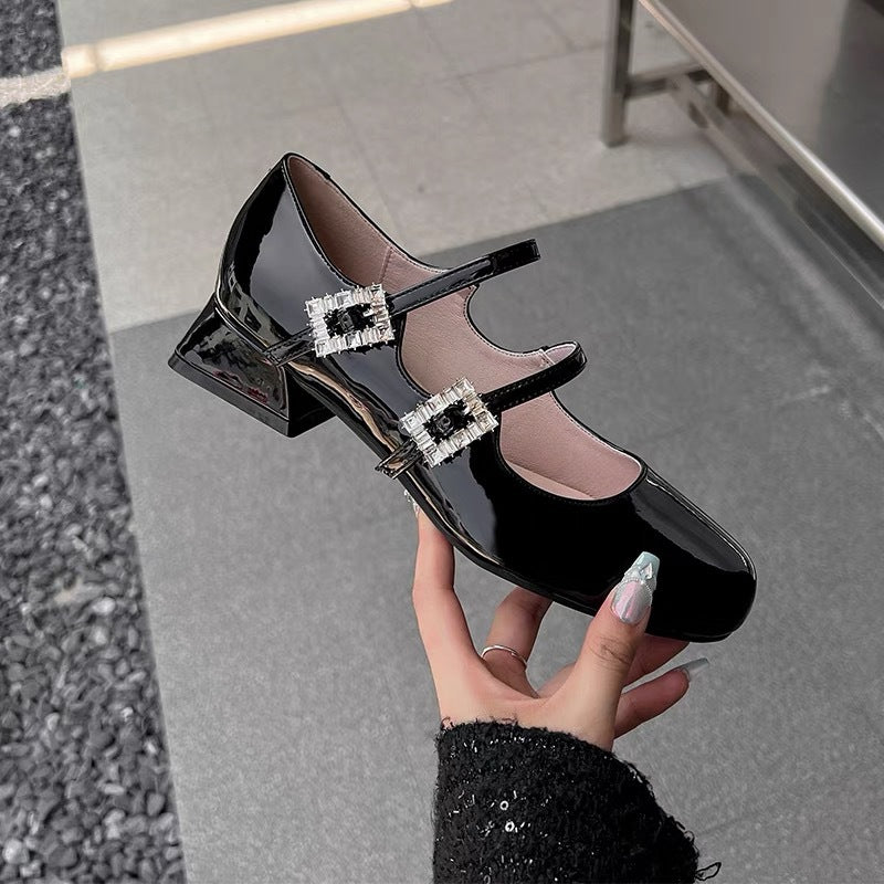 Women's Black Patent Rhinestone Square Buckle Thin Women's Shoes