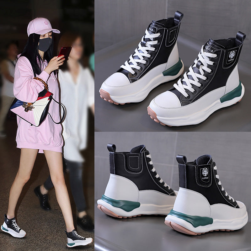 Weiße koreanische High-Top-Sneakers für Damen in Kombination mit Veet