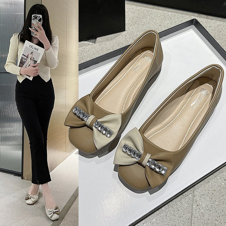 Women's Sweet Bow Flat Square Toe Shallow Mouth Women's Shoes