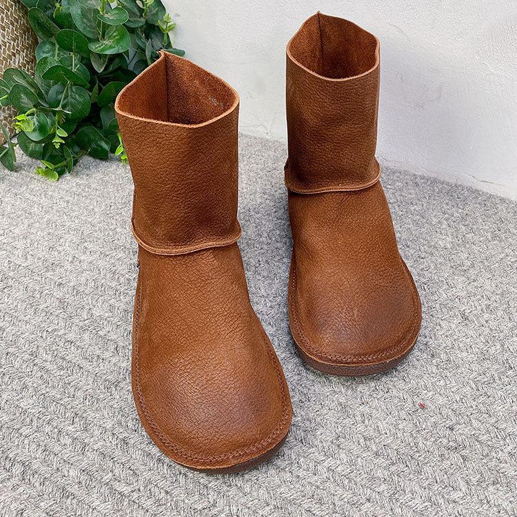 Solid Color Round Toe Top Layer Cowhide Slip-on Flat Boots
